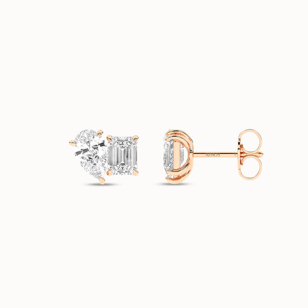 Pear Emerald Diamond Two Stone Studs