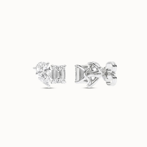 Pear Emerald Diamond Two Stone Studs